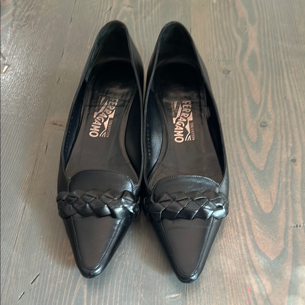 Salvatore Ferragamo Black Flats with Pointed Toe and Ruched Detail